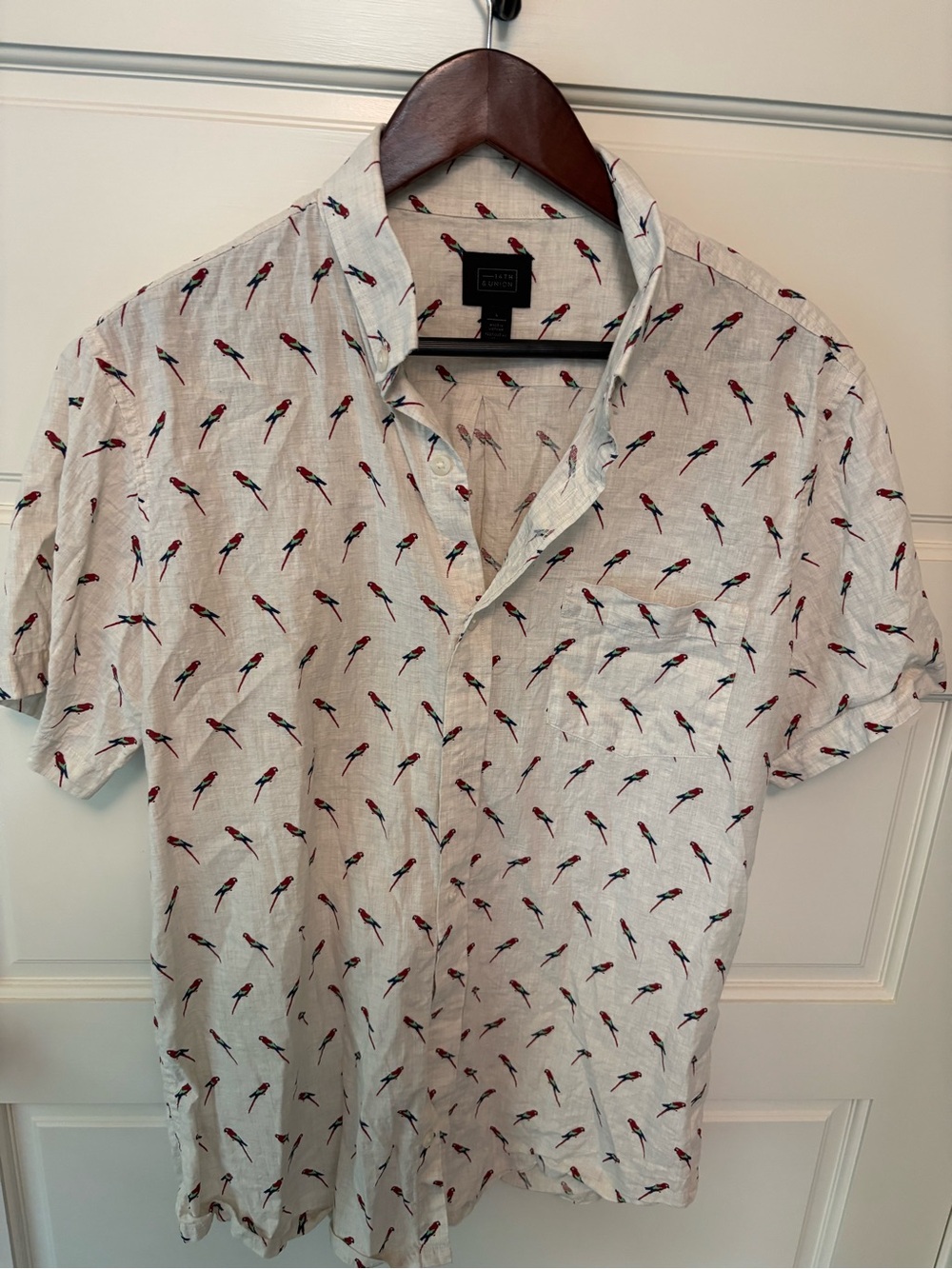 14th & Union Men’s Large White Linen Blend Parrot Print Short Sleeve Button-Up